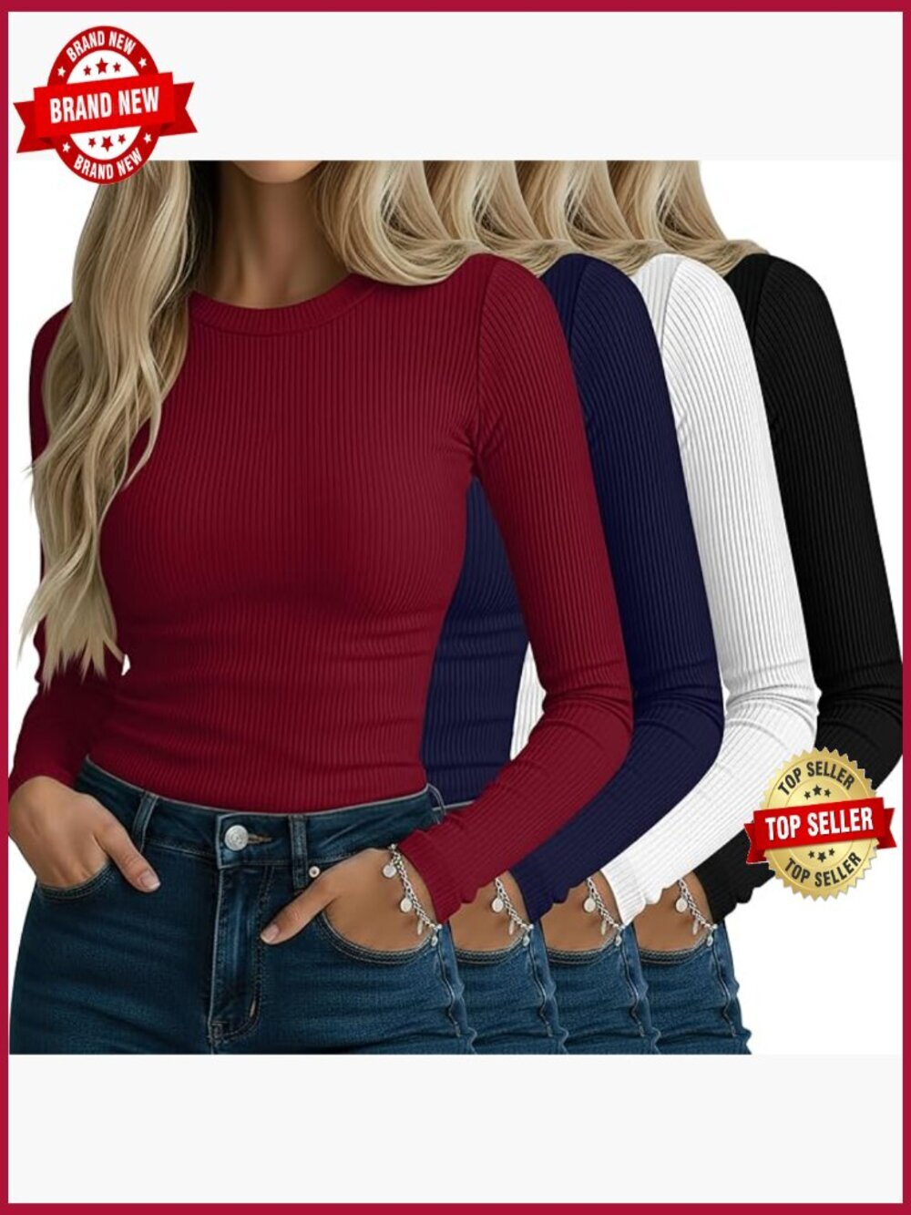4 Pack Ribbed Long Sleeve Shirts Crew Neck Slim Fit Stretch Knit Casual Base